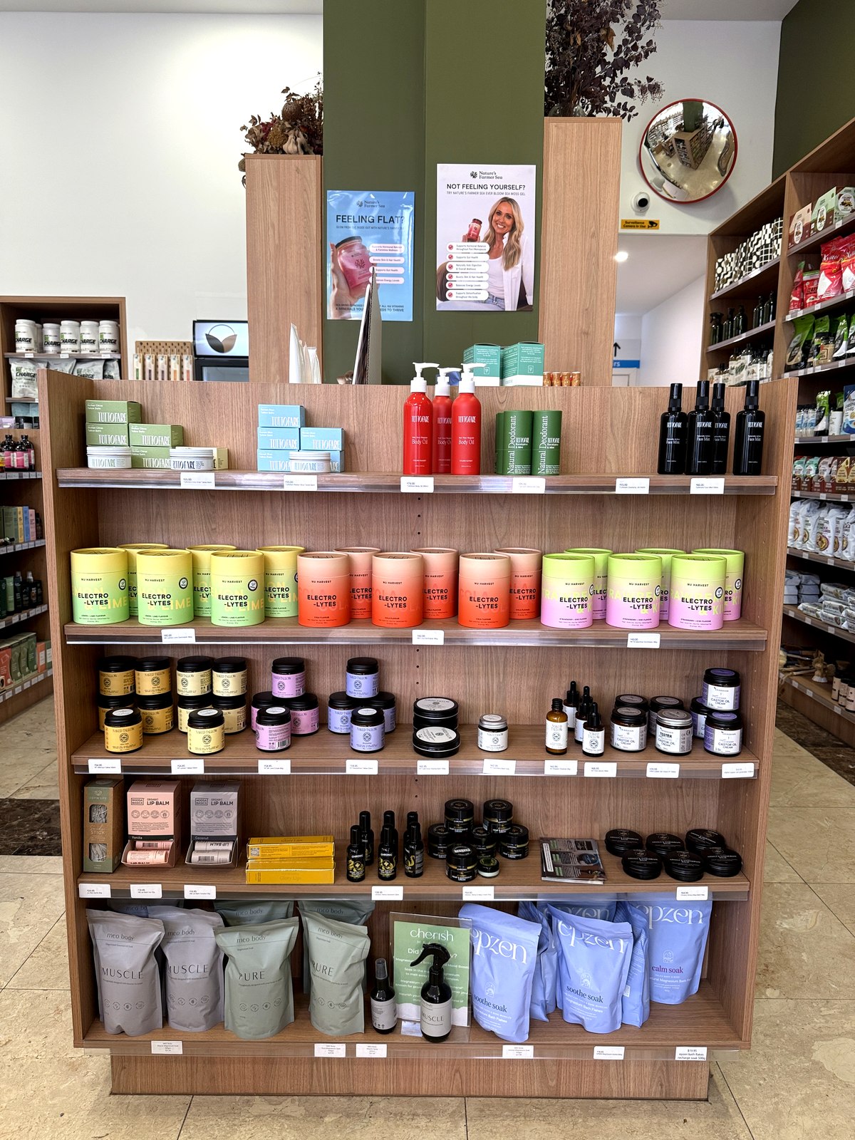 Skincare and wellness shelf display